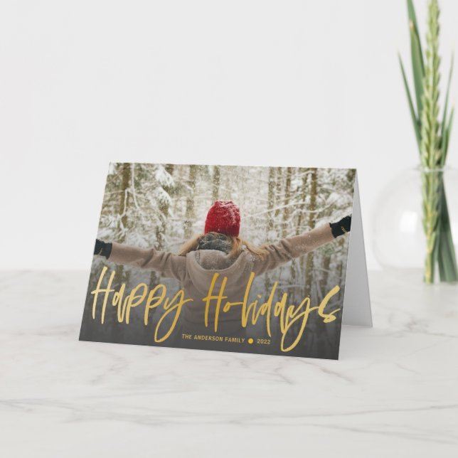 Happy Holidays Calligraphy Gold Foto Weihnachten Einladung (Vorderseite)