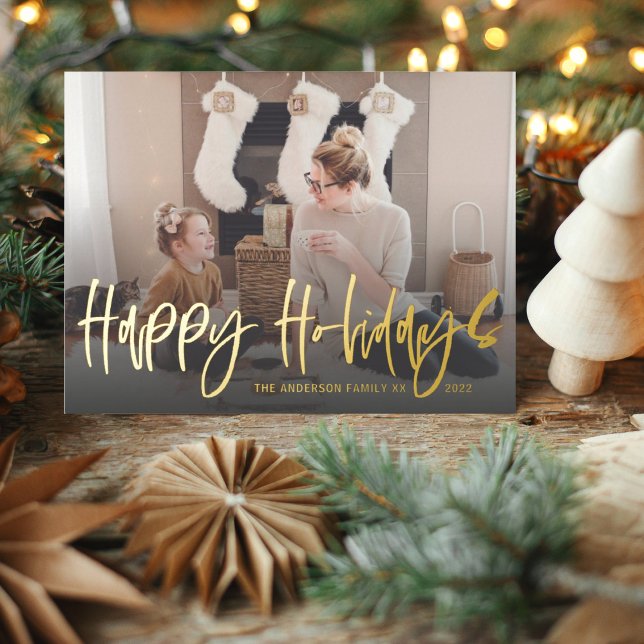 Happy Holidays Calligraphy Gold Foto Weihnachten P Postkarte (Von Creator hochgeladen)