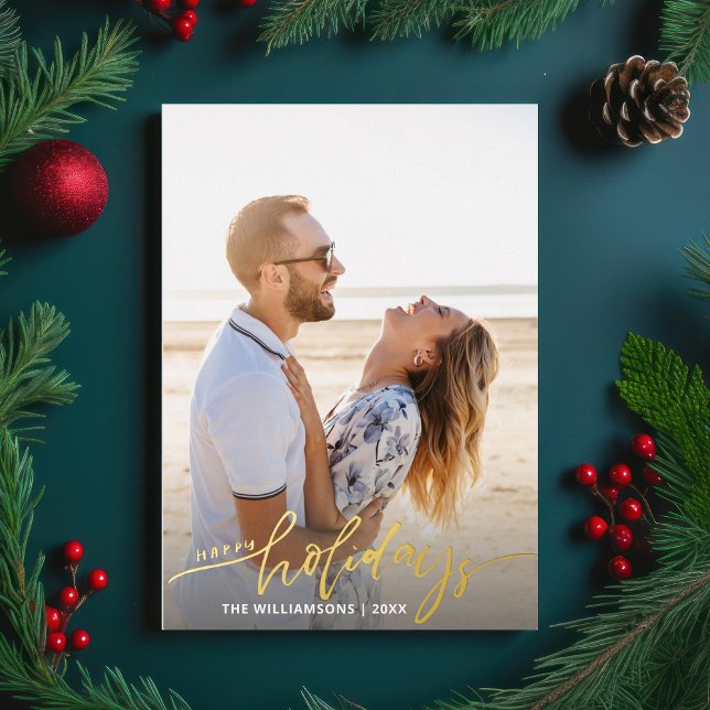 Happy Holidays Calligraphy Script 2 Fotos Gold Folieneinladung (Von Creator hochgeladen)