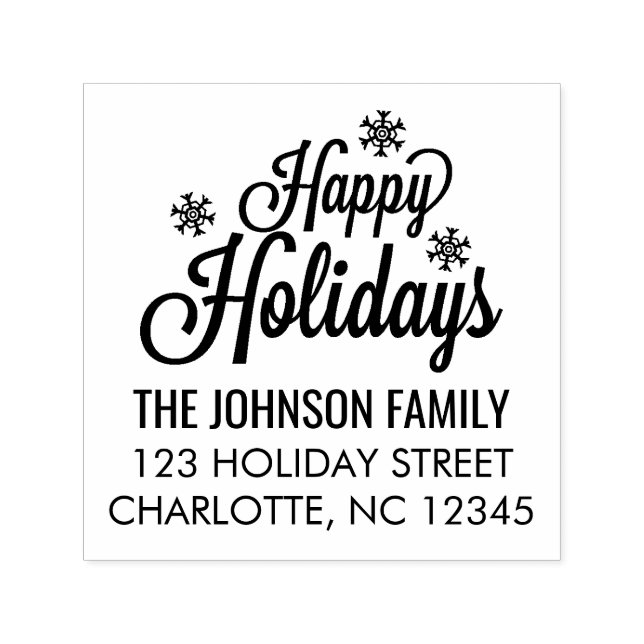 Happy Holidays Calligraphy Snowflakes Familienname Permastempel (Design)