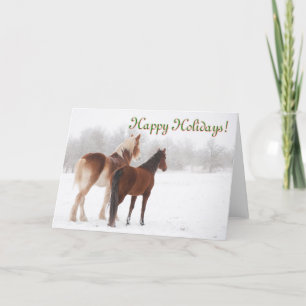 Happy Holidays card with two horses in snow Feiertagskarte