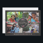 Happy Holidays Chalkboard Poinsettia Foto Collage Feiertagskarte<br><div class="desc">Dunkelgraue Holzkohleplatte,  rot-rosa und graue Blattwerk und Poinsettia Blume grenzen und "Happy Holidays" handsignieren schicke Kalligraphie in der Mitte,  was eine moderne rustikale,  inspirierte Weihnachtskollage-Karte für das Foto macht.            Persönlich mit vier landschaftsorientierten Fotos und Ihrer Unterschrift!</div>