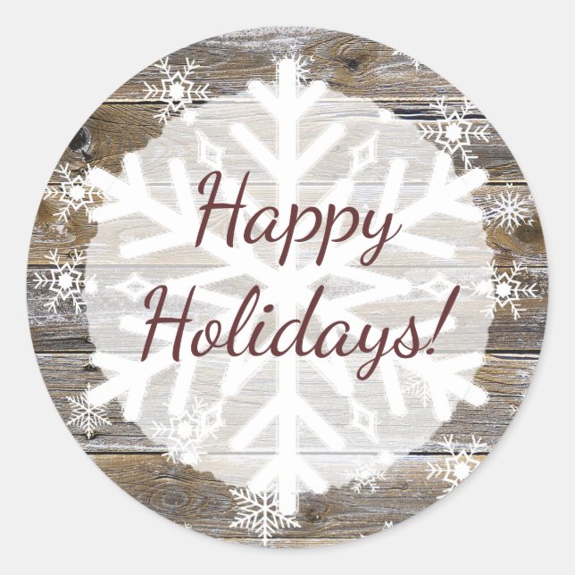 Happy Holidays Charming Holz und Schneeflocken Runder Aufkleber (Vorderseite)