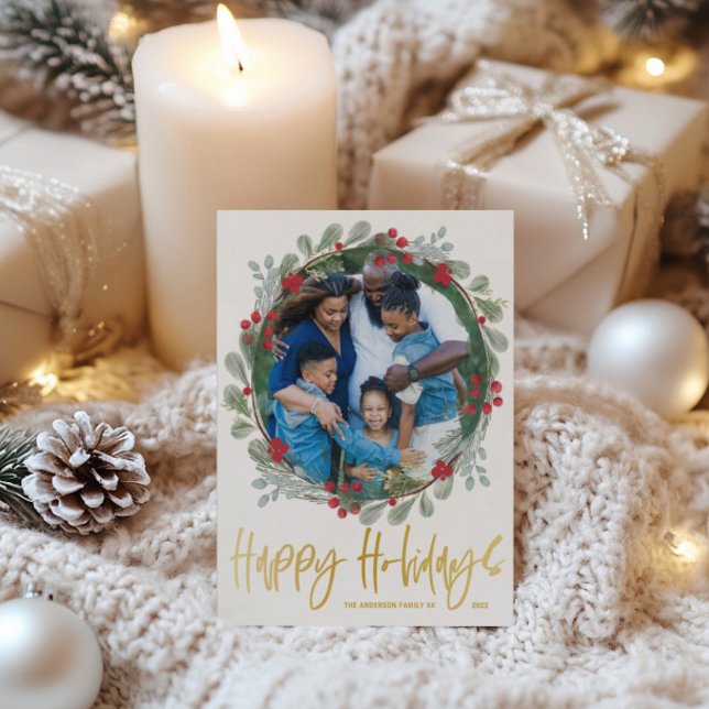 Happy Holidays Chic Imitats Gold Foto Weihnachten Postkarte (Von Creator hochgeladen)