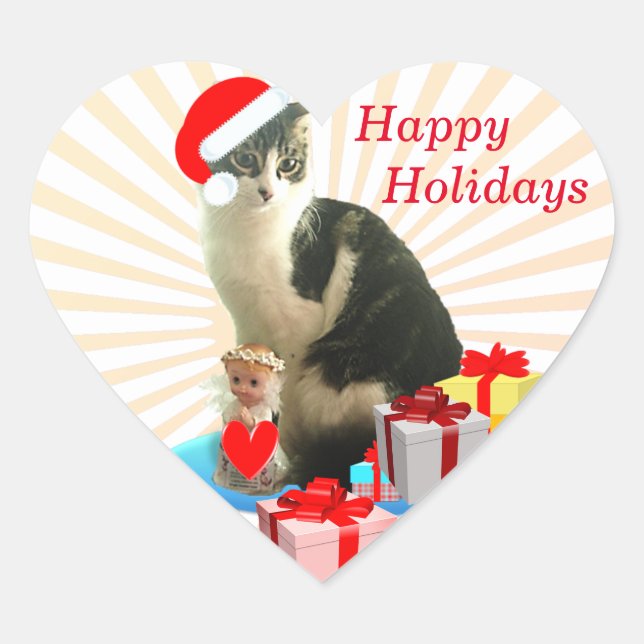 Happy Holidays Christmas Cat & Angel Herz-Aufkleber (Vorderseite)