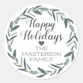 Happy Holidays Christmas Eucalyptus Wreath Runder Aufkleber