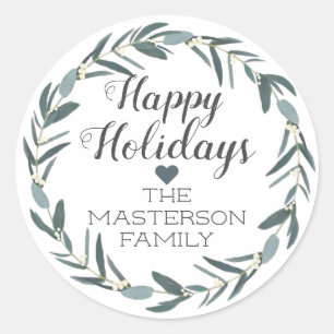 Happy Holidays Christmas Eucalyptus Wreath Runder Aufkleber