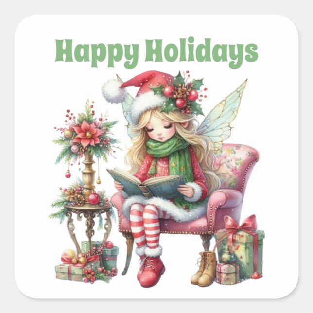 Happy Holidays Christmas Fairy Quadratischer Aufkleber (Vorderseite)