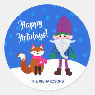 Happy Holidays Christmas Gnome Fox Snowflakes Blau Runder Aufkleber