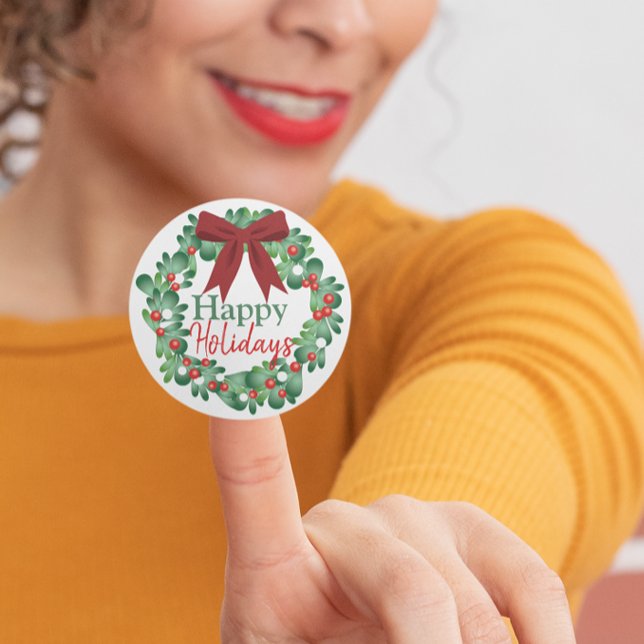 Happy Holidays Christmas Holly Wreath Runder Aufkleber (Happy Holidays Christmas Holly Wreath Classic Round Sticker)