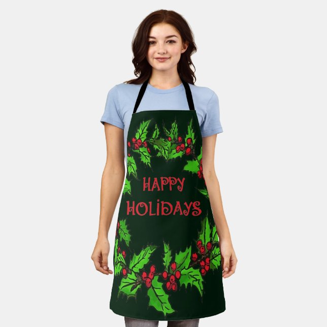 Happy Holidays Christmas Holly Wreath Schürze (Getragen)