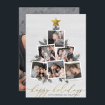 Happy Holidays | Christmas Tree Foto Collage Holi Feiertagskarte<br><div class="desc">Feiern Sie die Saison mit dieser modernen Fotokarte! Ein festliches Urlaubskartendesign, das sechs Ihrer liebsten Fotos in einer Weihnachtsbaumform mit handgezeichnet Kiefernästen, Kiefernzapfen, vergoldeten Imitaten und einem goldenen Stern auf weißem Hölzerhausboden umfasst. Unten erscheint "glückliche Feiertage" in eleganter Goldskriptkalligraphie. Personalisieren Sie dieses einzigartige Foto Collage Design mit Ihren individuellen Namen...</div>