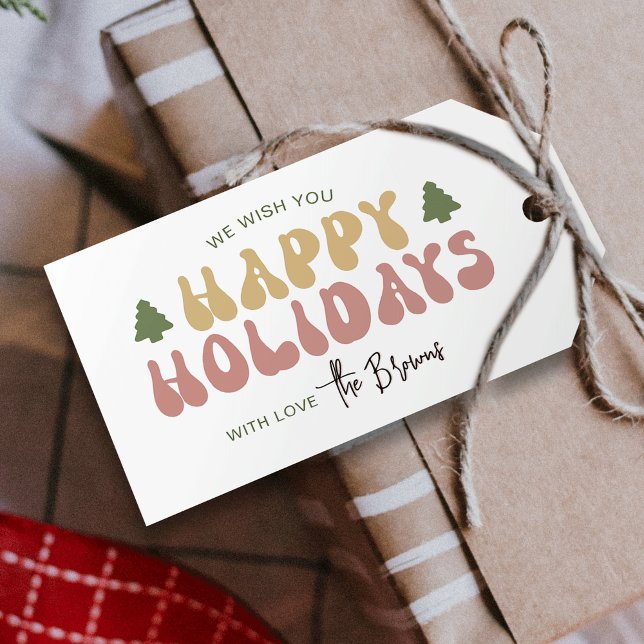 Happy Holidays Colorful Retro Nostalgie Weihnachte Geschenkanhänger (Bring back the nostalgia with this trendy Happy Holidays Christmas Gift tag)