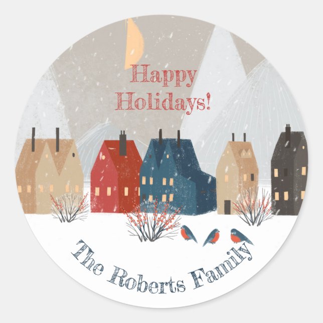 Happy Holidays Country Village Winter Scene   Runder Aufkleber (Vorderseite)