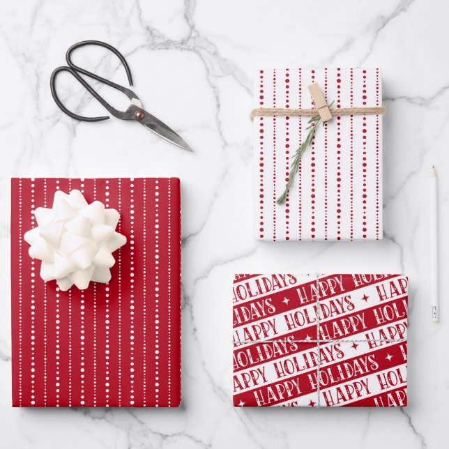 Happy Holidays cute dot stripes red white Geschenkpapier Set (Vorderseite)