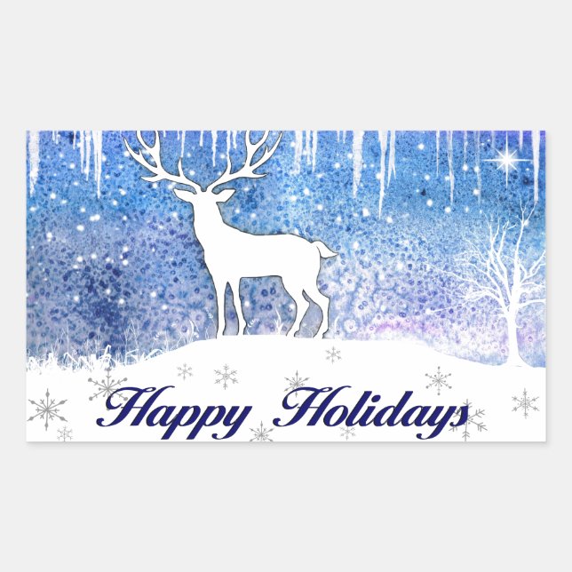 Happy Holidays Deer Scene Rechteckiger Aufkleber (Vorderseite)