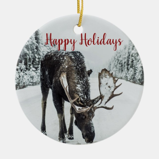 Happy Holidays Elche im Winter Weihnachten Keramik Ornament (Vorne)