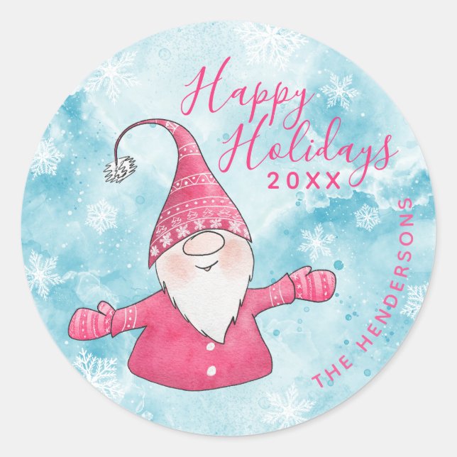 Happy Holidays Elegante Blue Pink Weihnachten Runder Aufkleber (Vorderseite)