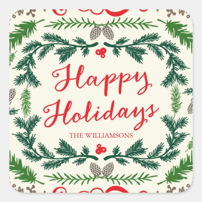 Happy Holidays Elegantes Pine Gift Aufkleber (Vorderseite)
