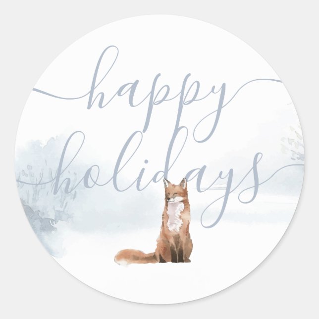 Happy Holidays Elegantes Skript Winter Fox Runder Aufkleber (Vorderseite)