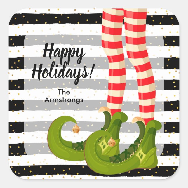 Happy Holidays Elf Legs  Quadratischer Aufkleber (Vorderseite)