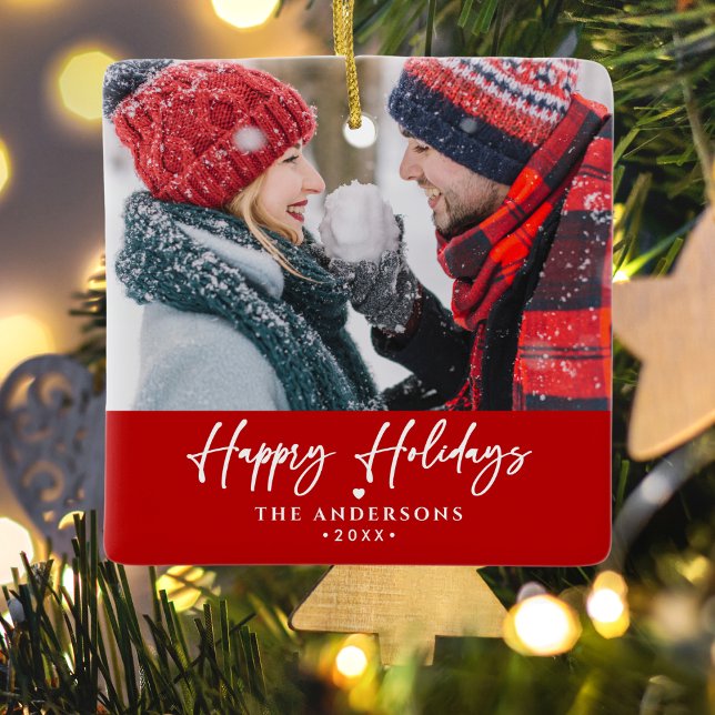 Happy Holidays Family / Couple's Names 2-Foto Keramikornament (Von Creator hochgeladen)