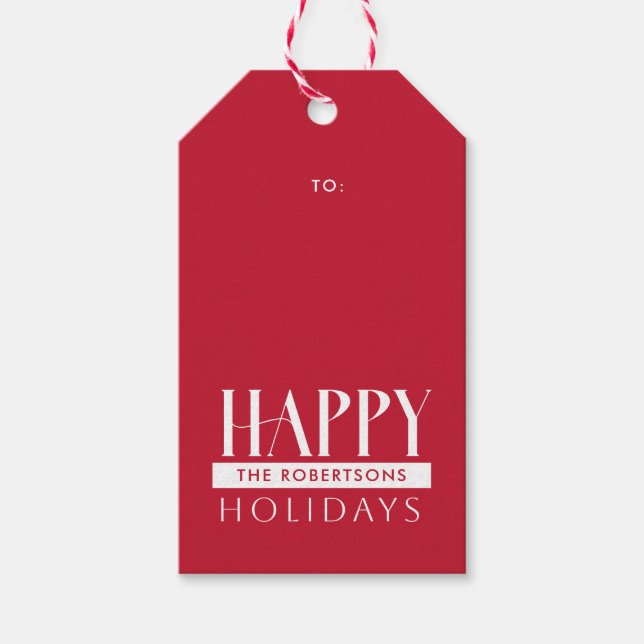 Happy Holidays & Family Name Festival Rot Geschenkanhänger (Vorderseite)