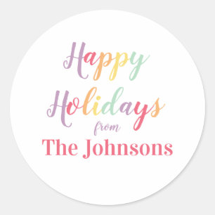 Happy Holidays farbenfroher Familienname Runder Aufkleber