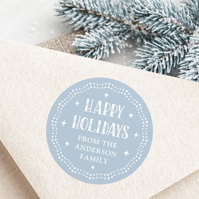 Happy Holidays festive font dot border light blue Runder Aufkleber (Happy Holidays festive font dot border light blue Classic Round Sticker)