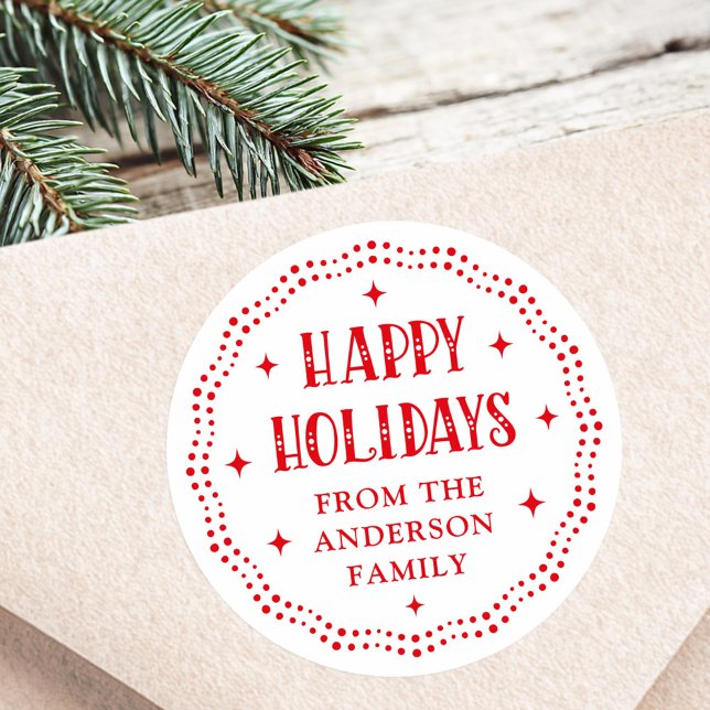 Happy Holidays festive font dot border red white Runder Aufkleber (Happy Holidays festive font dot border red white Classic Round Sticker)