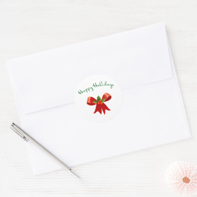 Happy Holidays Festive Red Bow Round Sticker (Umschlag)