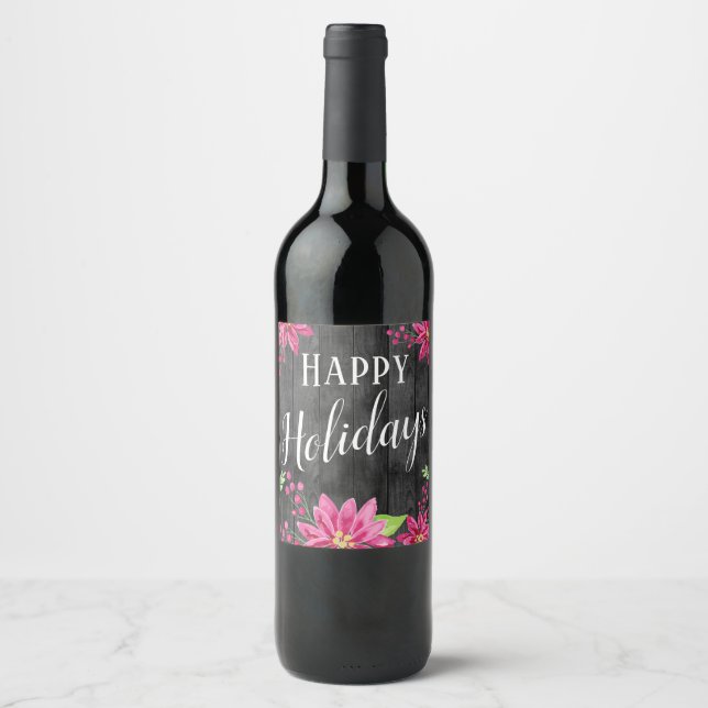Happy Holidays Floral Wood Country Wine Label Weinetikett (Vorderseite)