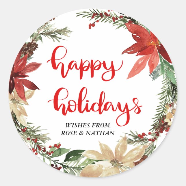 Happy Holidays Floral Wreath Modernes Skript Runder Aufkleber (Vorderseite)