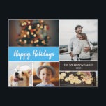 Happy Holidays Foto Collage Blue Christmas Feiertagspostkarte<br><div class="desc">Ihre schönen Fotos verdienen es, während dieser Jahreszeit geteilt zu werden, wenn Sie herzliche Wünsche senden. Passen Sie dieses moderne Collage Design an und personalisieren Sie es mit Ihrem Familiengruß. Finden Sie die anderen Stücke aus der Sammlung. Dieses Design verwendet hellblau (cyan) als Akzent-Farbe, kann aber mit dem weiteren Werkzeug...</div>