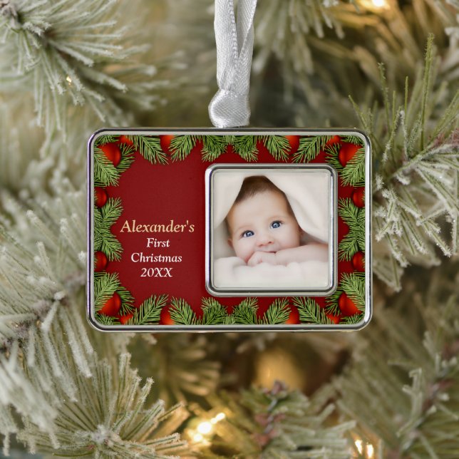 Happy Holidays Foto Family Baby First Rahmen-Ornament Silber (Baum)