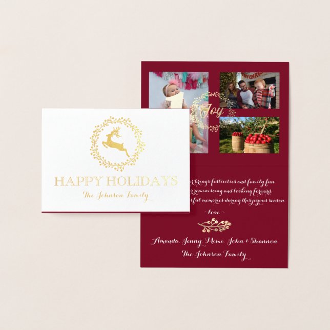 Happy Holidays Foto Family Collage Burgundy Gold Folienkarte (Anzeige)
