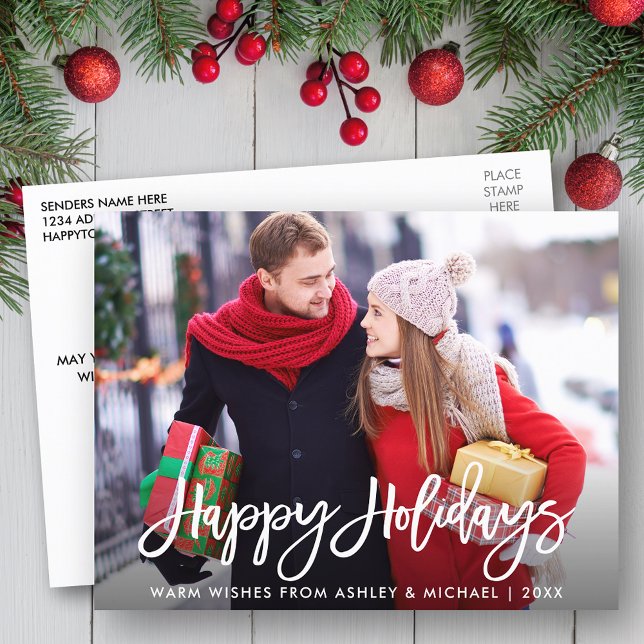 Happy Holidays Foto Modernes Pinselskript Postkarte (Customize to change your personalized text size or text style.)