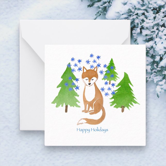 Happy Holidays Fox im Wald Mitteilungskarte (Snowy Fox Original Watercolor Design)