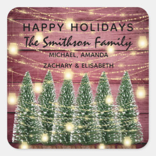 Happy Holidays Frohe Weihnachtsbaumen Name Holz Quadratischer Aufkleber