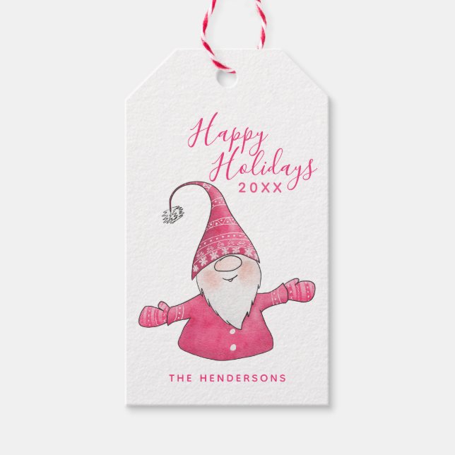 Happy Holidays Fun Gnome Modern Pink Weihnachten Geschenkanhänger (Vorderseite)