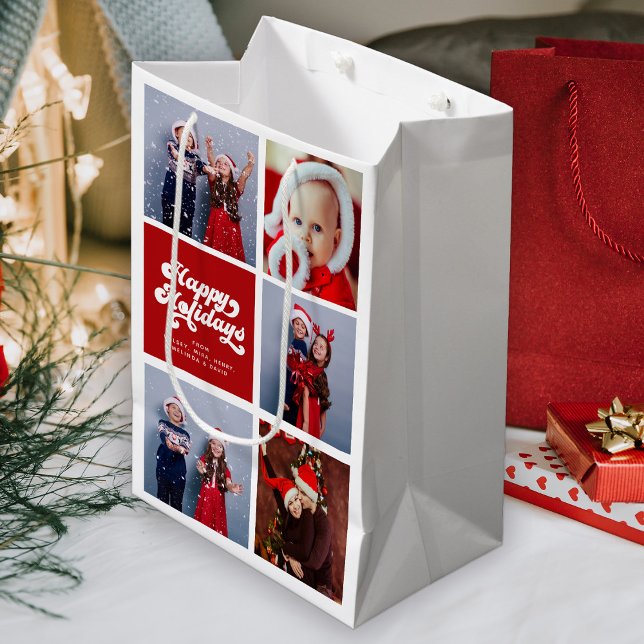 Happy Holidays Fun Simple Retro Typografy Foto Mittlere Geschenktüte (Von Creator hochgeladen)