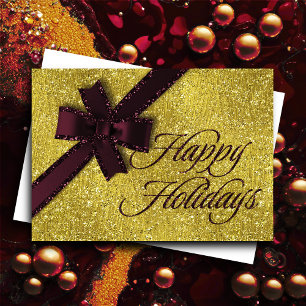 Happy Holidays Funkelnd Gold Burgundy Glittery Bow Feiertagskarte