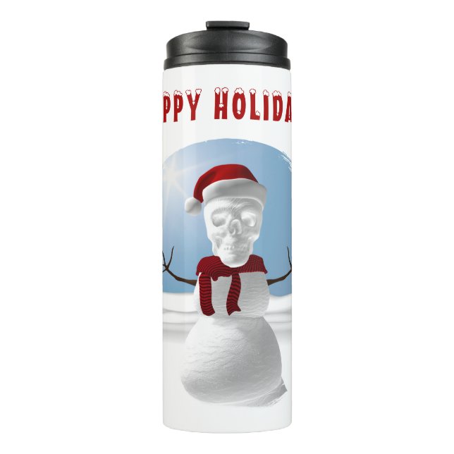 Happy Holidays. Funny skull-head snowman Thermosbecher (Vorderseite)