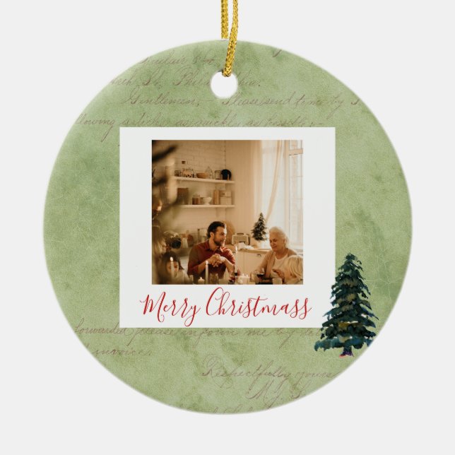 Happy Holidays Gerahmtes Foto Frohe Weihnachtsbaum Keramik Ornament (Vorne)