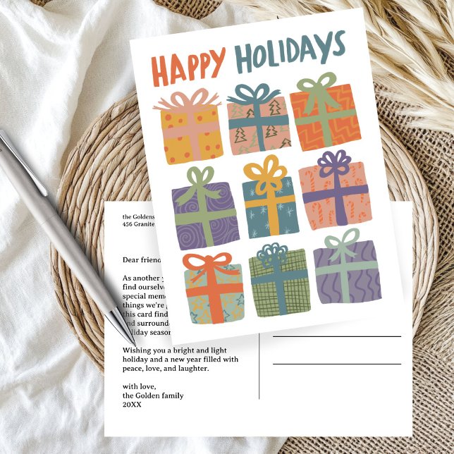 HAPPY HOLIDAYS Geschenke präsentiert Weihnachten C Postkarte (HAPPY HOLIDAYS Gifts Presents Christmas CUSTOM Holiday Postcard
)