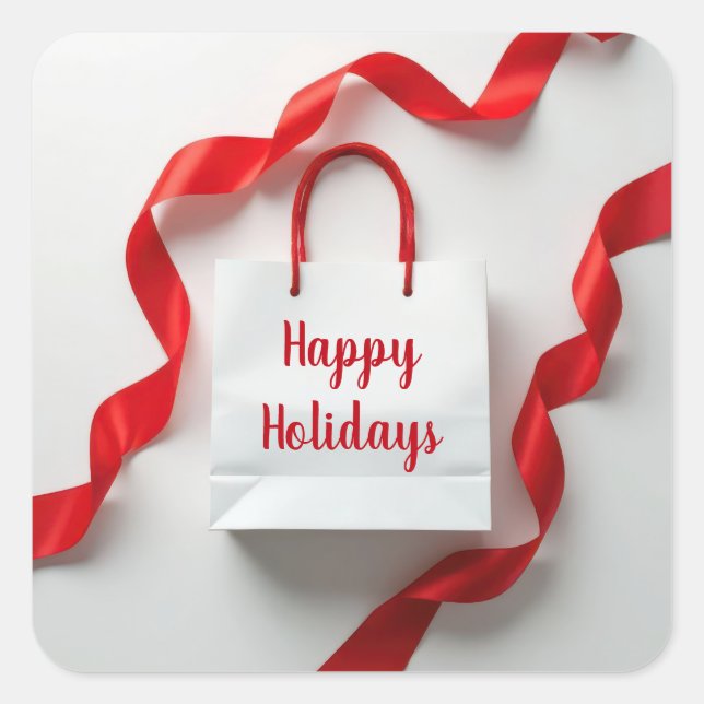 Happy Holidays Gift Bag With Red Ribbons Quadratischer Aufkleber (Vorderseite)