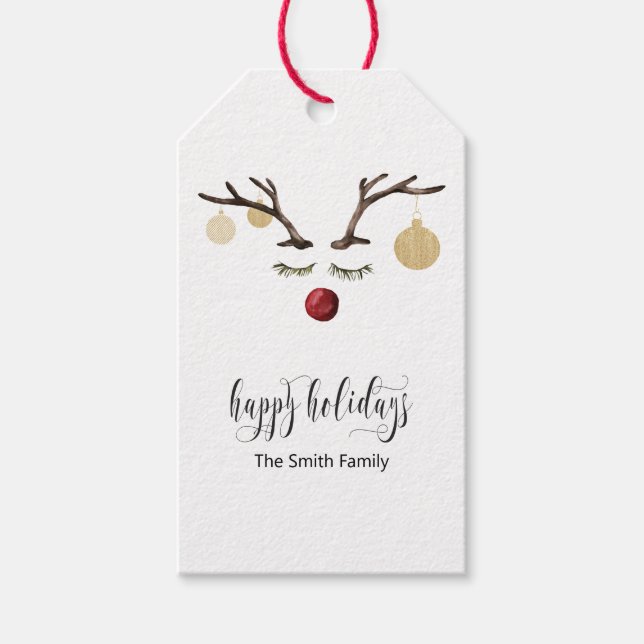 Happy Holidays Gift Card mit Rentier Face Geschenkanhänger (Vorderseite)