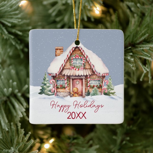 Happy Holidays Gingerbread House Keramikornament (Baum)