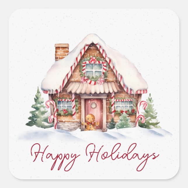 Happy Holidays Gingerbread House Quadratischer Aufkleber (Vorderseite)