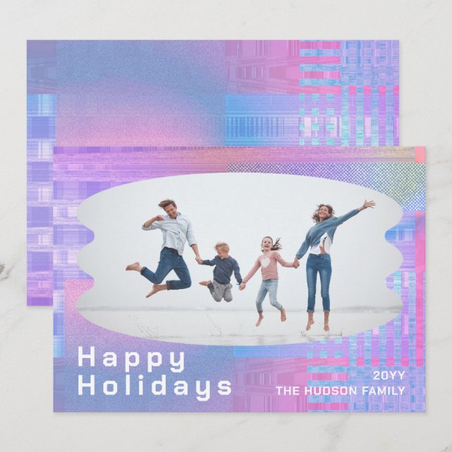 Happy Holidays Glitch Pink Trendy Foto Weihnachten (Vorne/Hinten)